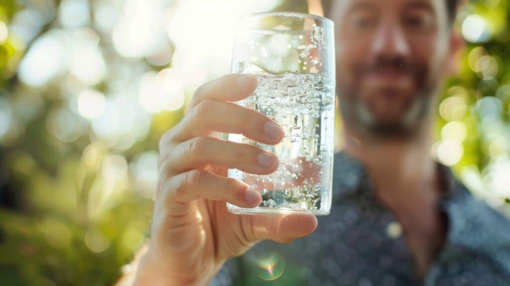 A man holds up a glass of sparkling spring water admiring its crystal clarity.